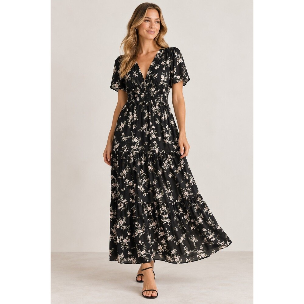 Quince Washable Stretch Silk Tiered Maxi Dress Black Pink Floral XLPreppy
